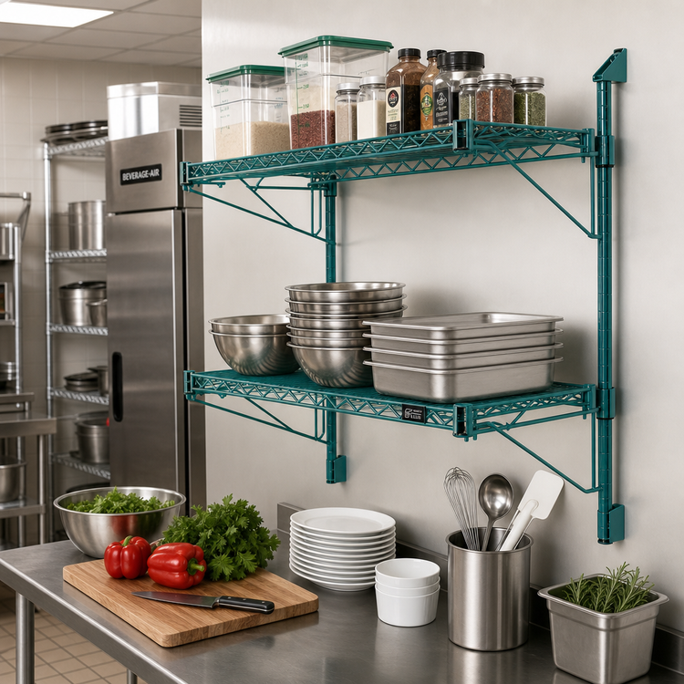Product image #2 for Quantum Cantilever Double Shelf Wall-Mount Wire Shelving Unit, 30 x 18 Inches, Green Epoxy Antimicrobial Finish