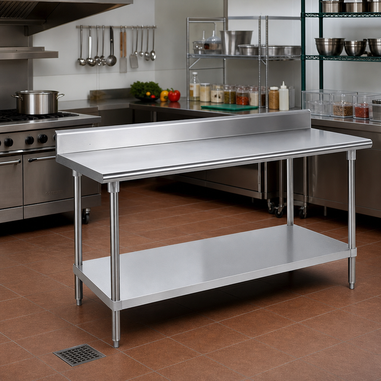 Product image #2 for Advance Tabco 144-Inch x 30-Inch 16-Gauge 430 Stainless Steel Work Table with 5-Inch Backsplash and Galvanized Undershelf