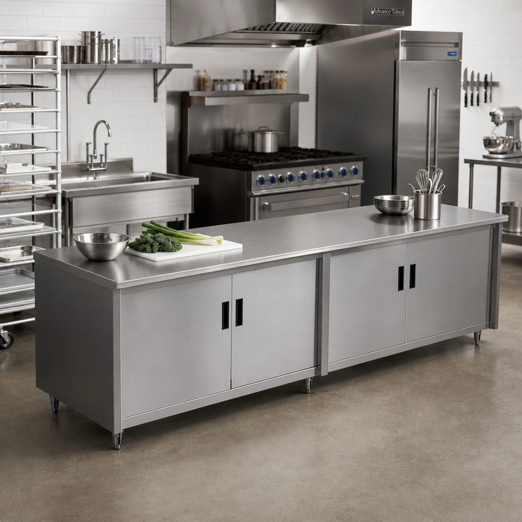 Product image #2 for Advance Tabco 120-Inch x 24-Inch Enclosed Work Table with Cabinet Base, Hinged Doors, and 14-Gauge 304 Stainless Steel Top