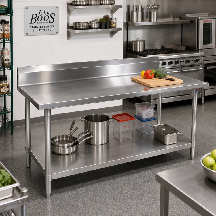 Product image #2 for John Boos Stallion 144-Inch x 24-Inch Stainless Steel Work Table with 5-Inch Backsplash and Adjustable Undershelf