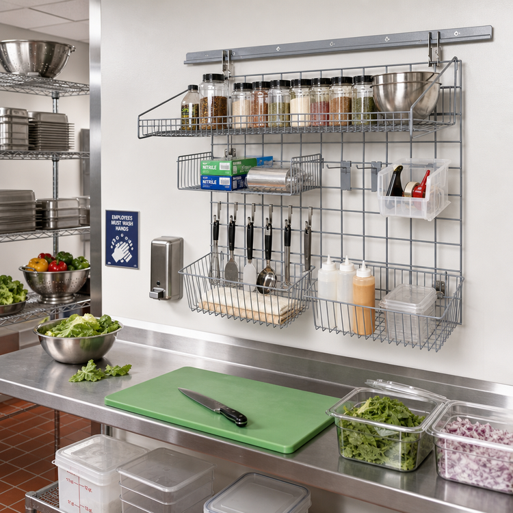 Product image #2 for Quantum Store Grid Medium-Duty Wall-Mounted Shelving Starter Kit with Shelf, Basket, Hooks and Clear Bin