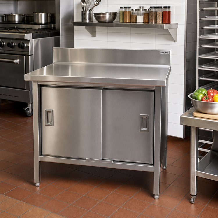 Product image #2 for John Boos Enclosed Work Table with Cabinet Base and Sliding Doors, 36 x 30 Inch, 14-Gauge 300 Series Stainless Steel Top, 5-Inch Backsplash