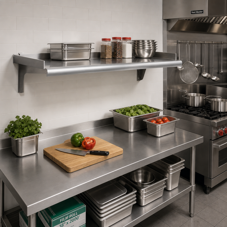 Product image #2 for Eagle Snap-n-Slide 72-Inch x 15-Inch Wall-Mounted 16/304 Stainless Steel Shelf with Rolled Front Edge