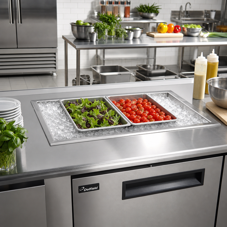 Product image #2 for Delfield Narrow Drop-In Ice Cooled Cold Pan, 46-3/4" W x 18" D, 2 x 12" x 20" Pans