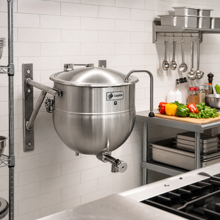 Product image #2 for Legion LTWT-50 50-Gallon Stationary Wall-Mount Direct Steam Kettle with 2/3 Jacket and 304 Stainless Steel Liner