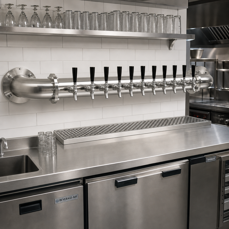 Product image #2 for Pipe Wall 10-Faucet Wall-Mount Air-Cooled Stainless Steel Draft Dispensing Tower, Mirror Finish
