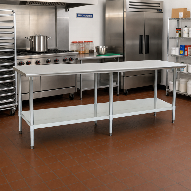 Product image #2 for Spec-Master 120 in. x 30 in. Flat Top Stainless Steel Work Table with Galvanized Base and Adjustable Undershelf