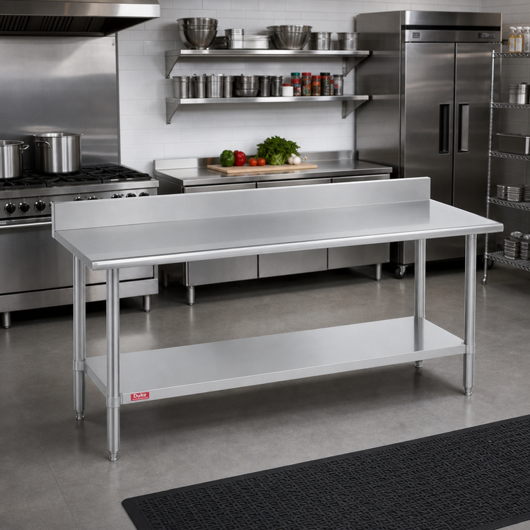 Product image #2 for Duke 108-Inch x 24-Inch 16-Gauge 400-Series Stainless Steel Work Table with 5-Inch Riser and Undershelf