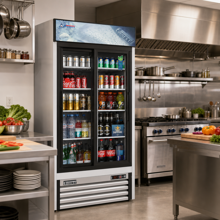 Product image #2 for Everest Refrigeration Two-Section Reach-In Sliding Glass Door Merchandiser Refrigerator, 33 Cu. Ft., Bottom-Mounted Self-Contained