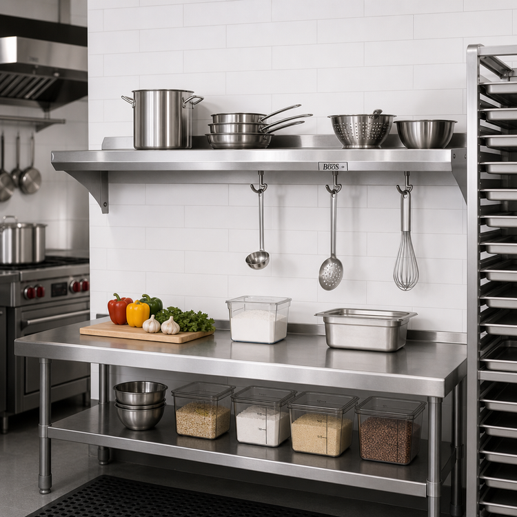 Product image #2 for John Boos Stallion 36-Inch Wall-Mount Stainless Steel Pot Rack Shelf, 12-Inch Deep, 16-Gauge, 3 Hooks