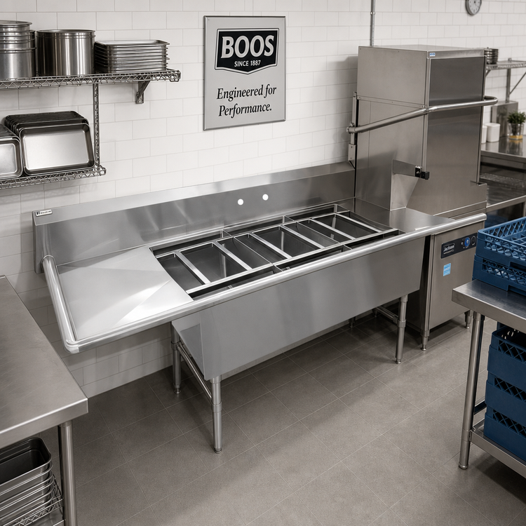 Product image #2 for John Boos DT3PB244-2D24L Three-Compartment Clean Dishtable/Pot Sink with 2 Drainboards and Right-Side Dish Machine Attachment