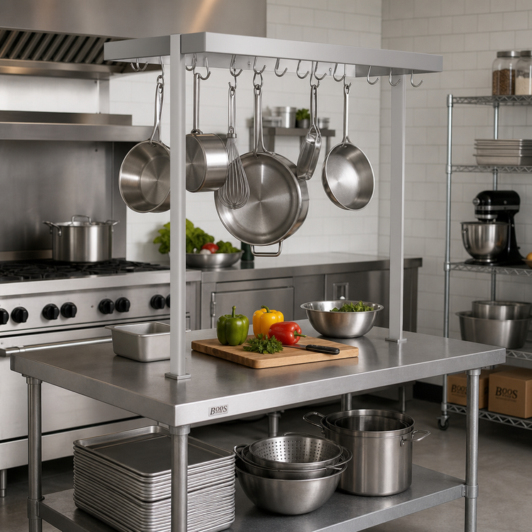 Product image #2 for John Boos Square Table-Mounted Stainless Steel Pot Rack with 12 Double Hooks, 43-1/4 W x 18 D x 48 H