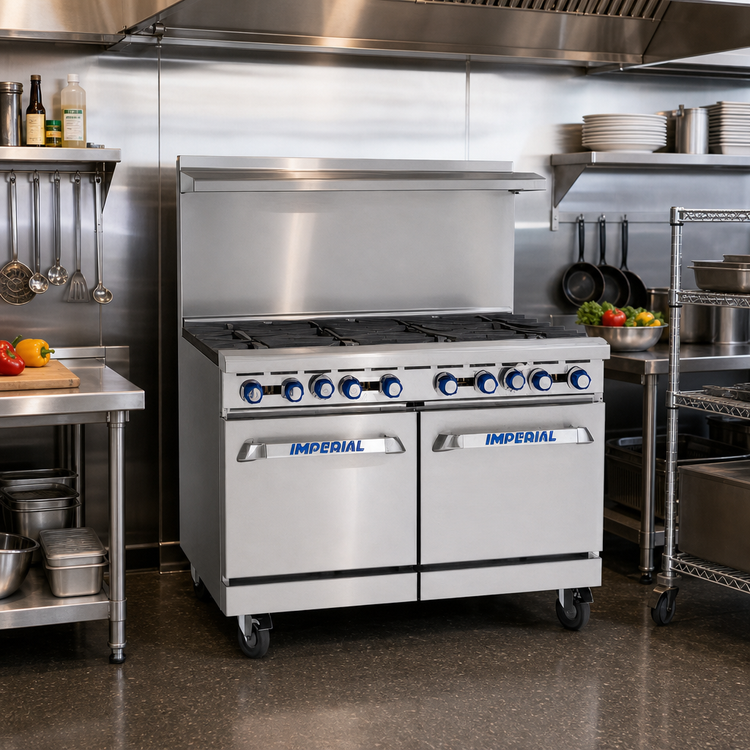 Product image #2 for Imperial Pro Series 48-Inch Gas Restaurant Range with 8 Open Burners and 2 Space Saver Ovens