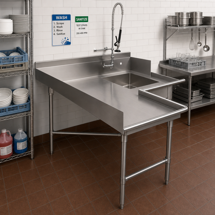 Product image #2 for BK Resources Corner L-Shaped Soiled Dishtable with 20" x 20" x 8" Welded Bowl, 60" x 72", Right-to-Left Operation