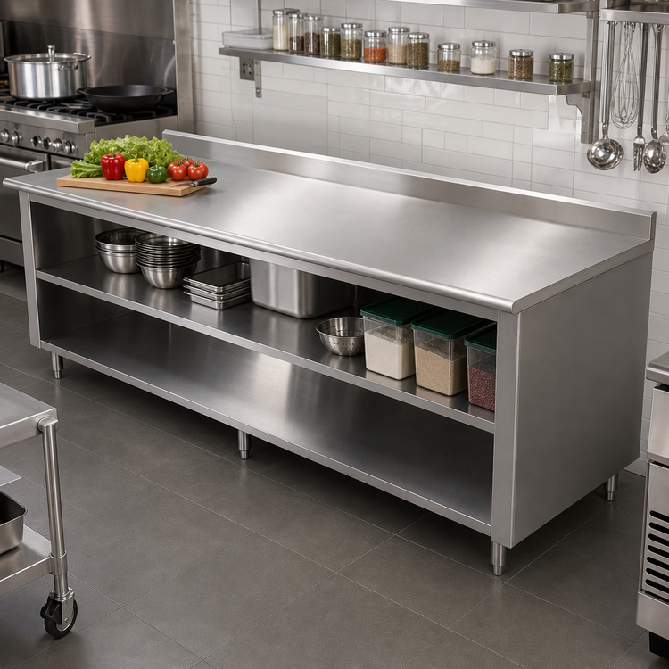 Product image #2 for Advance Tabco EK-SS-3012M 144-Inch x 30-Inch Stainless Steel Work Table with Open Front Cabinet Base, Mid-Shelf, and 5-Inch Backsplash
