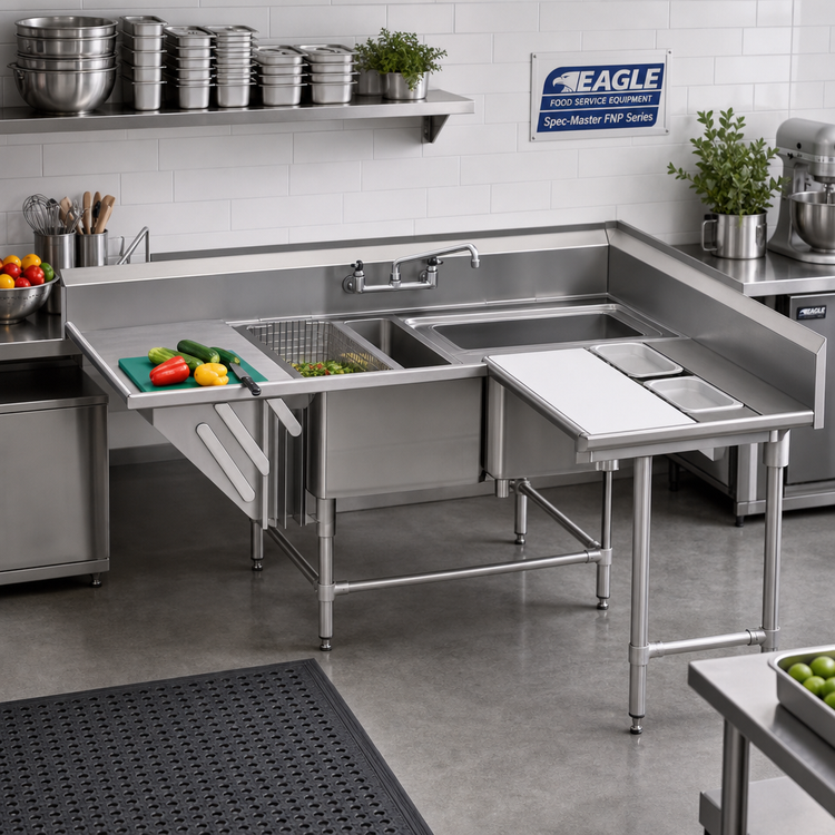 Product image #2 for Eagle Spec-Master FNP Series Two-Compartment Prep Sink with Left-Hand Prep Area and Right-Hand Drainboard