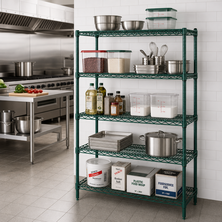 Product image #2 for Quantum 5-Shelf Stationary Wire Shelving Starter Kit, 42W x 18D x 54H, Green Epoxy Coated Finish