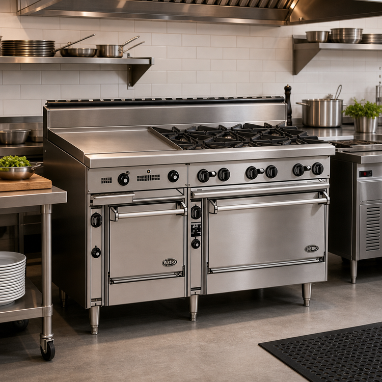 Product image #2 for Bistro 60-Inch Commercial Gas Restaurant Range with 6 Open Burners, 24-Inch Griddle, Standard Oven, and Cabinet Base