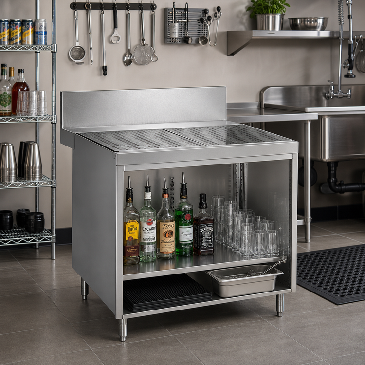Product image #2 for Advance Tabco Prestige Supreme 48-Inch Open Front Stainless Steel Underbar Drainboard Cabinet with 7-Inch Backsplash