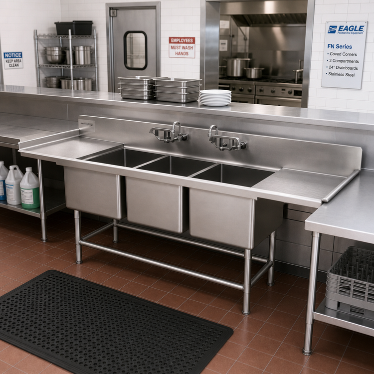 Product image #2 for Eagle Spec-Master FN Series Coved Corner 3-Compartment Stainless Steel Sink with Dual 24-Inch Drainboards