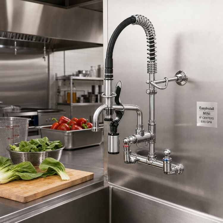 Product image #2 for EasyInstall Mini Wall-Mount Pre-Rinse Faucet with 8" Swing Nozzle, 8" Centers, 0.65 GPM