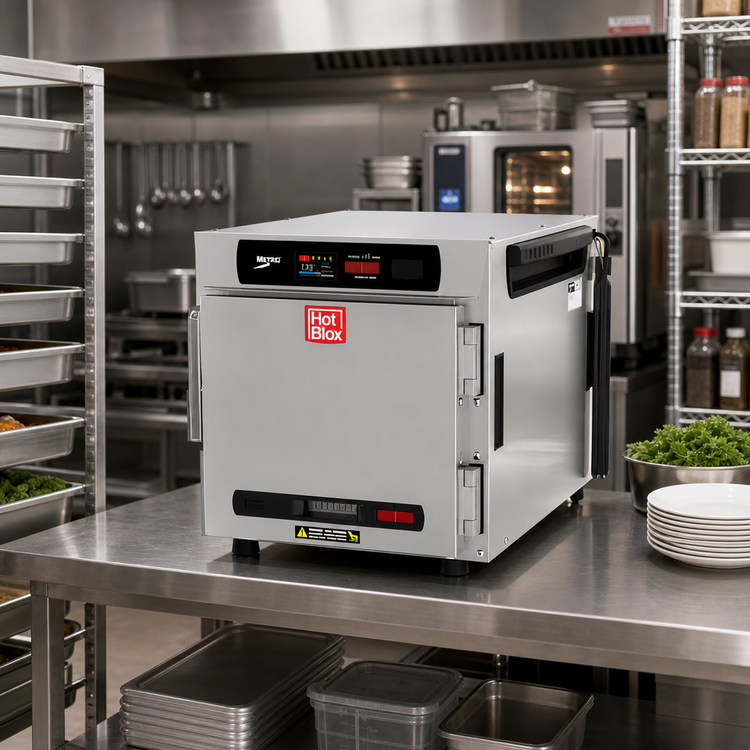 Product image #2 for Metro HotBlox Narrow 4-Pan Pass-Thru Insulated Holding Cabinet with Digital Touchscreen Controls, Solid Front Door and Clear Rear Door (HBCN4-DSPC-CT)