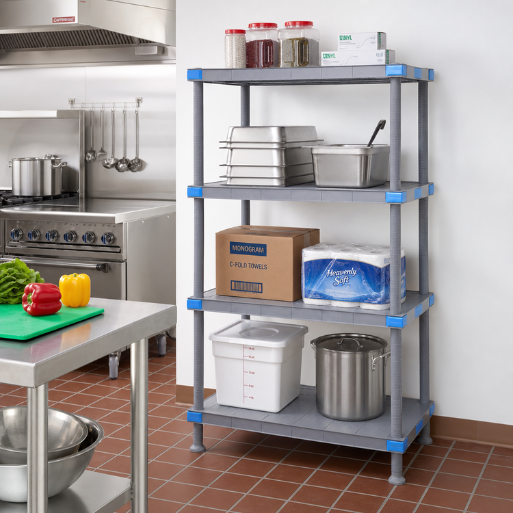 Product image #2 for Quantum Millenia 54 Inch W x 18 Inch D x 62 Inch H 4-Shelf Polymer Shelving Unit with Dunnage Stand, Gray
