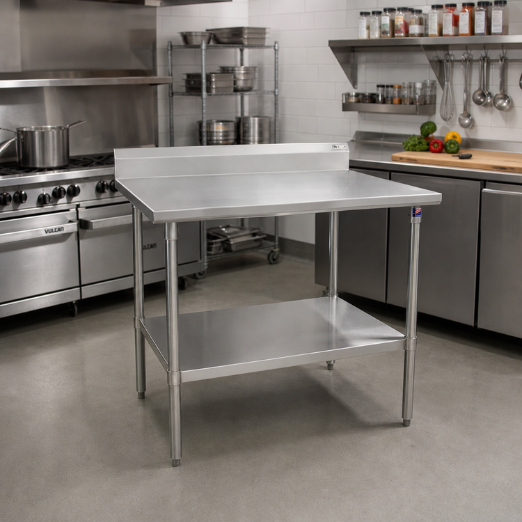 Product image #2 for John Boos Stallion 48 Inch x 30 Inch 16 Gauge Stainless Steel Top Work Table with 5 Inch Backsplash and Adjustable Undershelf