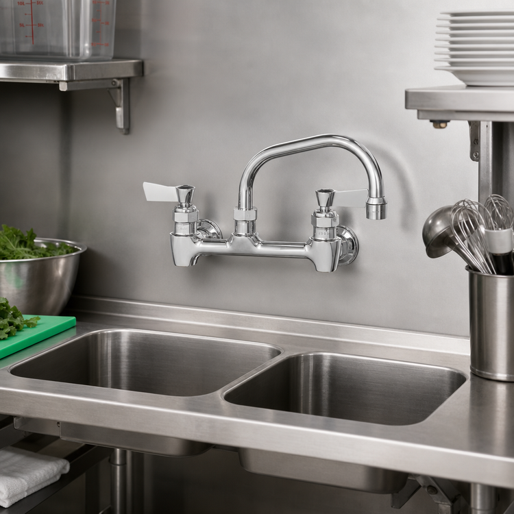 Product image #2 for Stainless Steel Backsplash-Mount Faucet with 12-Inch Swing Spout and Lever Handles