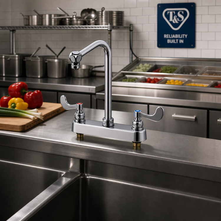 Product image #2 for T&S Brass 8-Inch Center Deck-Mount Workboard Faucet with 5-1/2-Inch Swivel Gooseneck