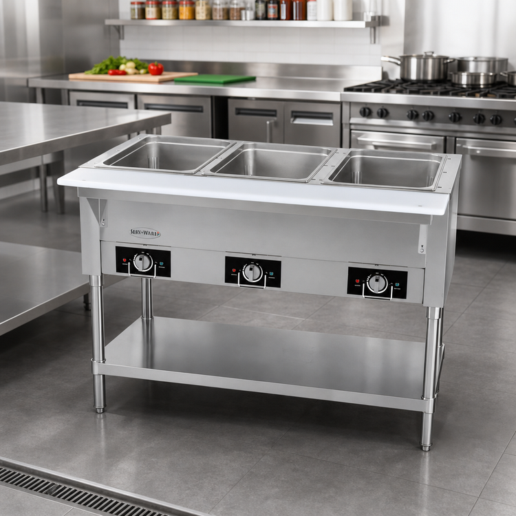 Product image #2 for Serv-Ware 44-Inch 3-Well Open Well Electric Steam Table with Open Shelf Base