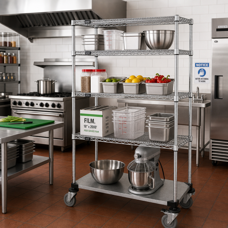 Product image #2 for Quantum 48"W x 24"D x 80"H Chrome-Plated 4-Shelf Mobile Wire Shelving Cart