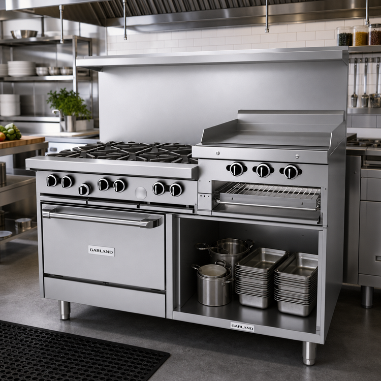 Product image #2 for Garland G Starfire Pro 60-Inch Gas Restaurant Range with 6 Open Burners, 24-Inch Raised Griddle/Broiler, Standard Oven, and Storage Base