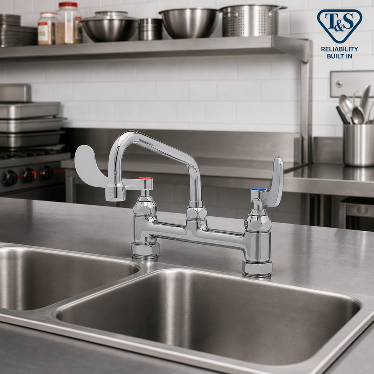 Product image #2 for T&S Brass Double Pantry Deck-Mount Mixing Faucet with 10-Inch Swing Nozzle and Adjustable 8-Inch Centers