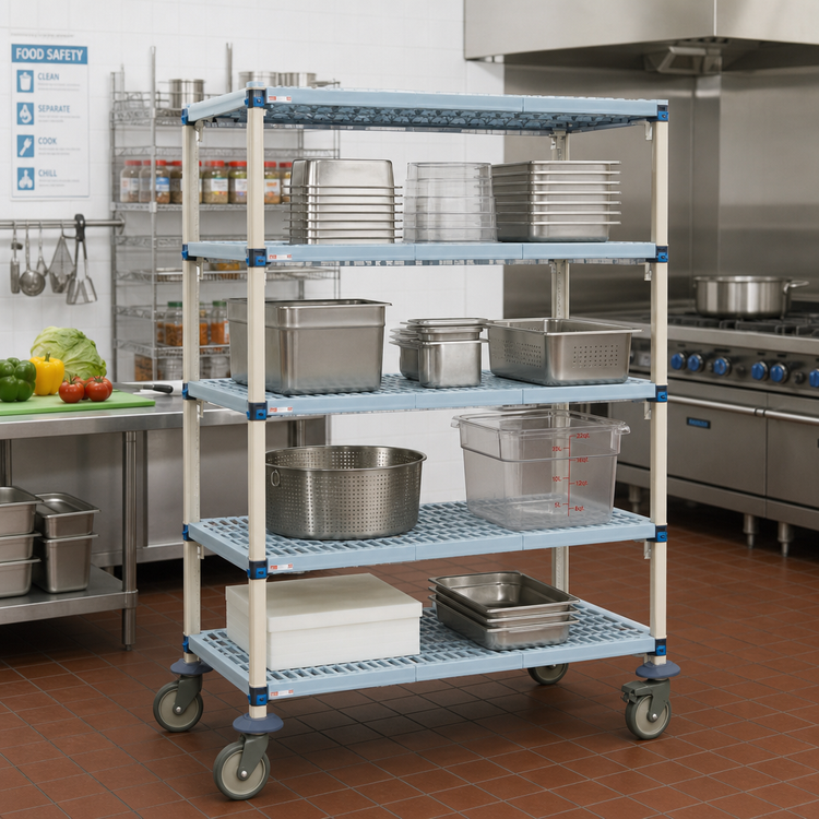 Product image #2 for MetroMax Q Mobile Polymer Shelving Starter Unit with 4 Open Grid Shelves, 36 Inch W x 18 Inch D x 67-5/16 Inch H