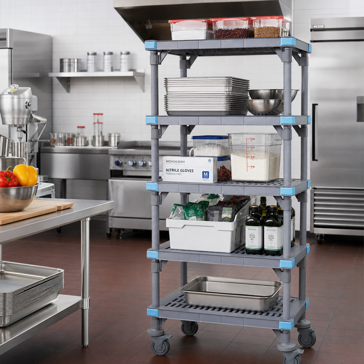 Product image #2 for Quantum Millenia Mobile Starter Polymer Shelving Unit with 5 Open Grid Shelves, Gray