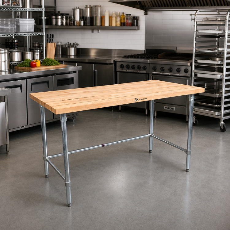 Product image #2 for BK Resources 96" x 30" Hard Maple Flat Top Work Table with Galvanized Open Base