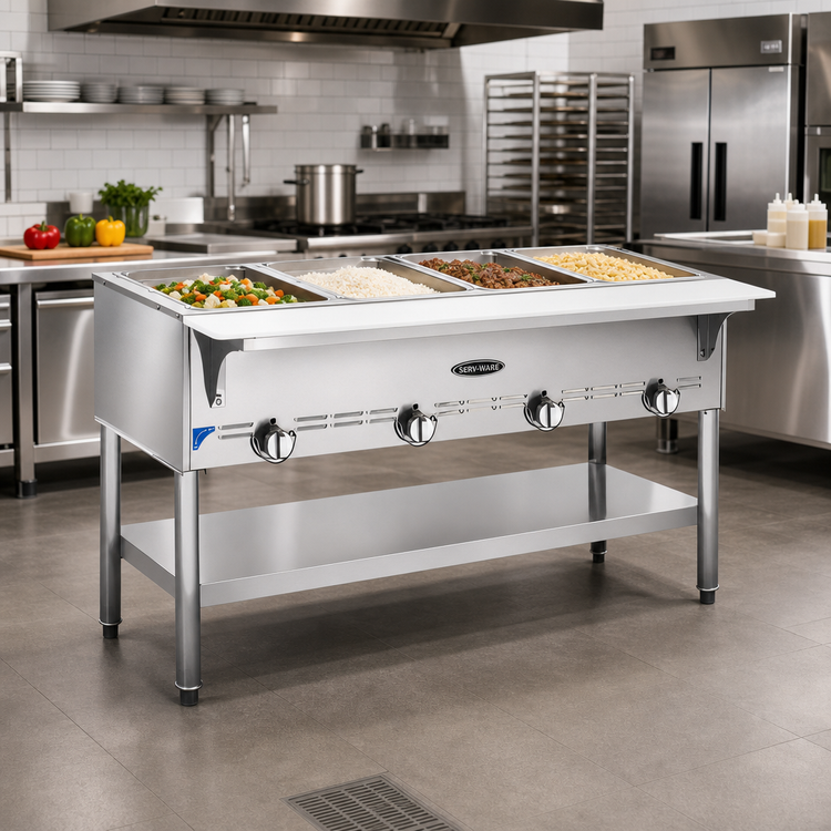Product image #2 for Serv-Ware 4-Bay Liquid Propane Gas Steam Table with Open Wells