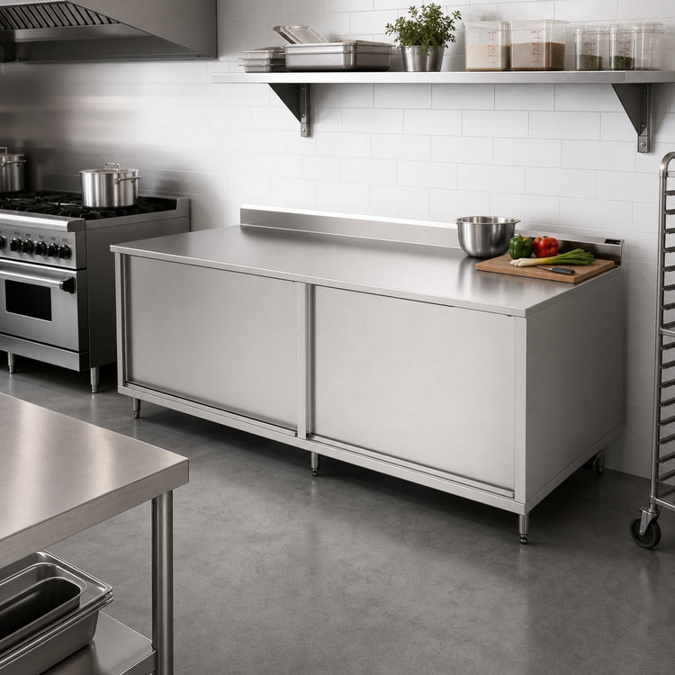 Product image #2 for John Boos Stainless Steel Cabinet Base Work Table with Sliding Doors, 96"W x 36"D, 5" Backsplash