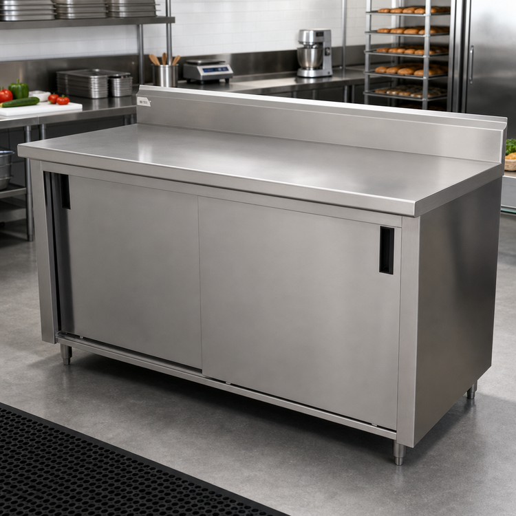 Product image #2 for Advance Tabco 144-Inch x 24-Inch Enclosed Work Table with Cabinet Base, Sliding Doors, 14-Gauge 304 Stainless Steel Top, 5-Inch Backsplash