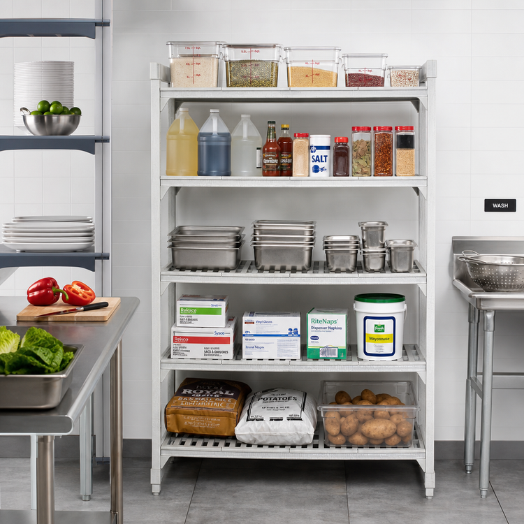 Product image #3 for Cambro Camshelving Premium 5-Tier Stationary Polymer Shelving Starter Unit, 24" Deep x 54" Wide x 84" High, Vented, Speckled Gray