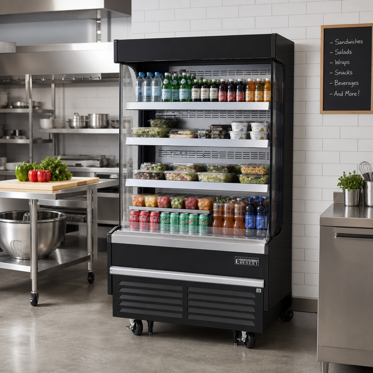 Product image #2 for Everest Refrigeration Vertical Open Display Merchandiser, 37-1/4 Inch Wide, 9.3 Cu. Ft., Self-Contained Bottom Mount, Black Exterior