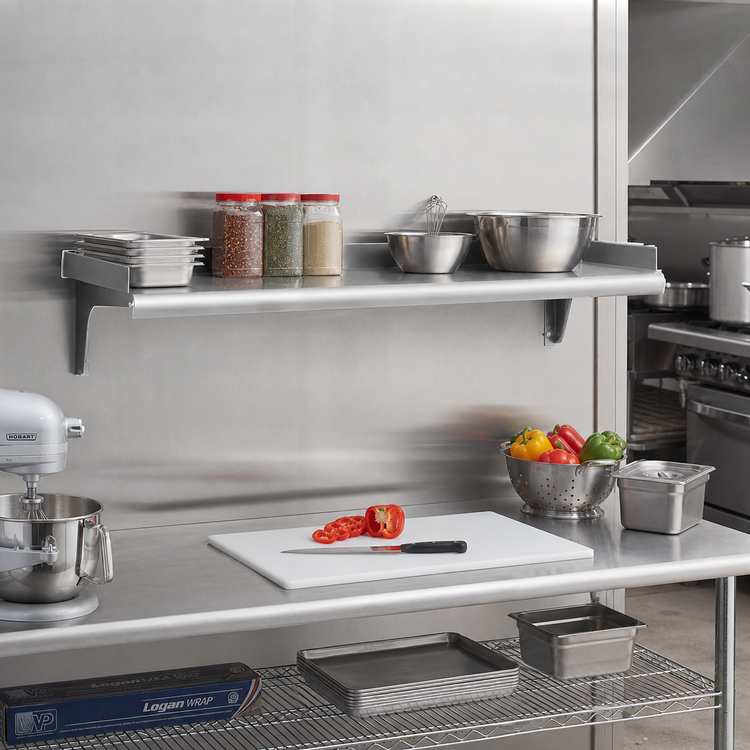 Product image #2 for Eagle Group Snap-n-Slide 60-Inch x 15-Inch Wall-Mounted Shelf, 14 Gauge 304 Stainless Steel, Rolled Front Edge