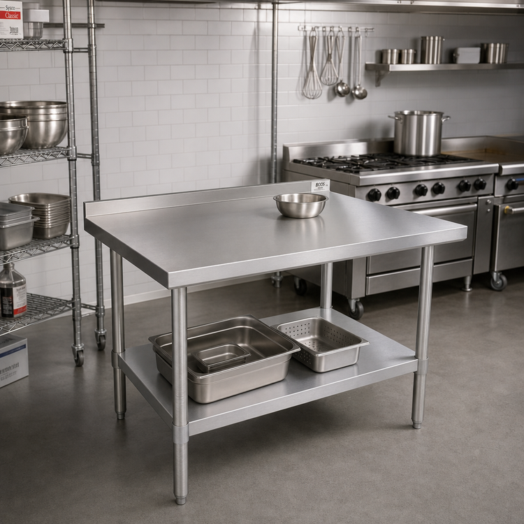 Product image #2 for John Boos Stallion 30" x 30" Stainless Steel Corner Work Table with 1-1/2" Rear Riser and Undershelf