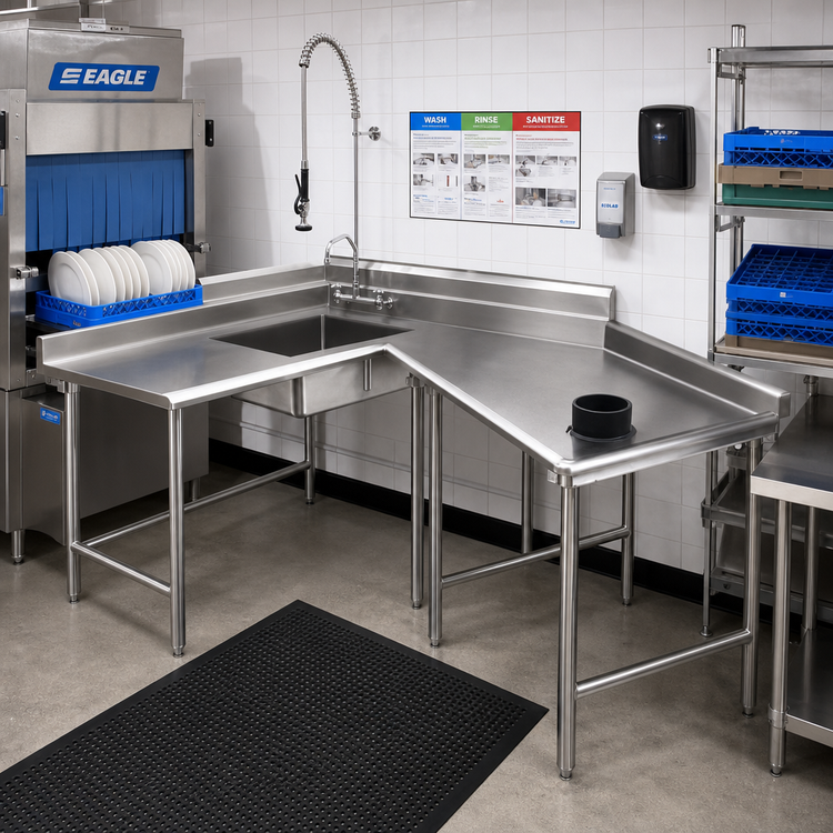 Product image #2 for Eagle Group Island-Style Soiled Dishtable, Right-Hand, 72-Inch Machine Side x 60-Inch End Side, 16 Gauge 430 Stainless Steel