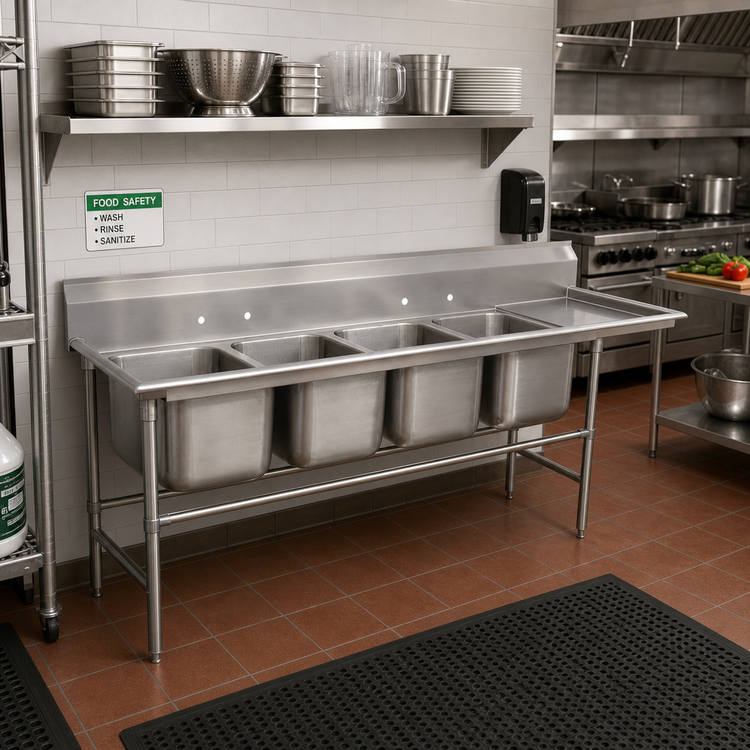 Product image #2 for Advance Tabco Regaline 4-Compartment Sink with Right-Hand Drainboard, 20" x 20" Bowls, 14-Gauge 304 Stainless Steel
