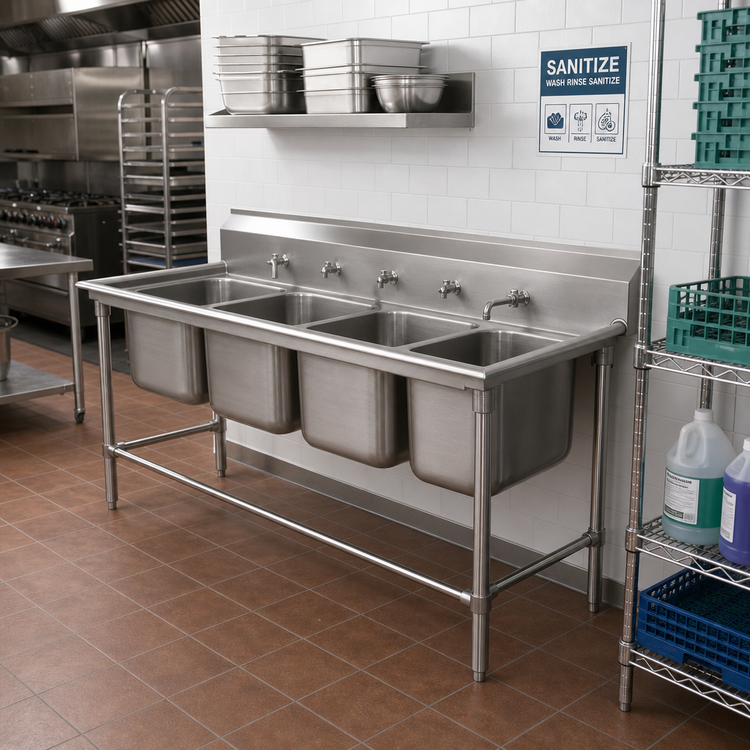 Product image #2 for Advance Tabco Regaline 4-Compartment Deep Drawn Sink with 16 x 20-Inch Bowls, 14-Gauge 304 Stainless Steel