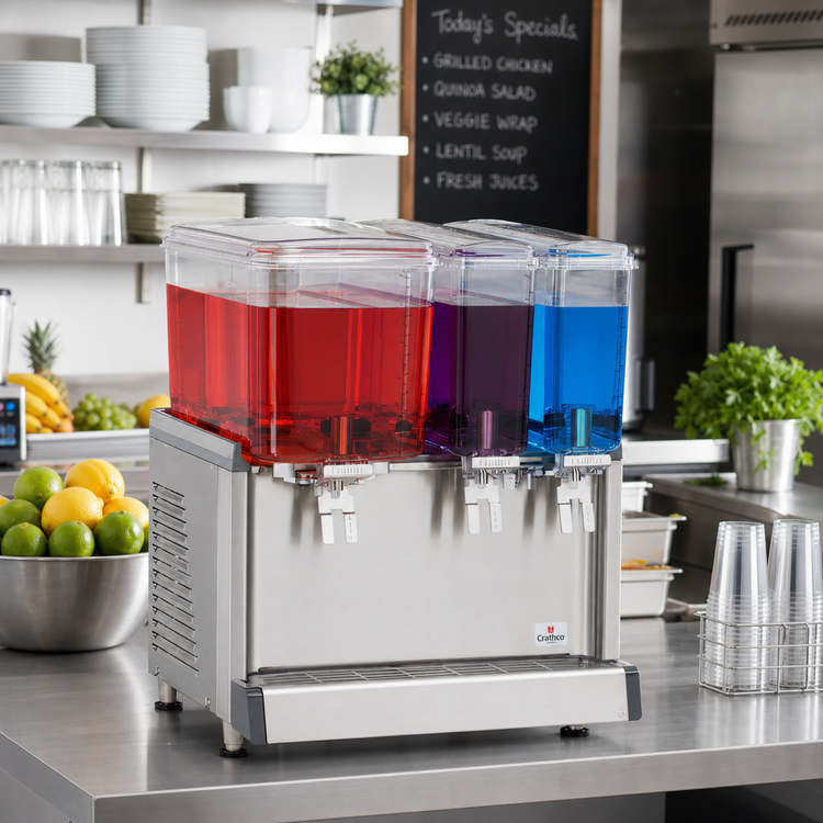 Product image #2 for Crathco Simplicity Bubbler Triple Combo Pre-Mix Cold Beverage Dispenser with 3 Clear Plastic Bowls, 120V