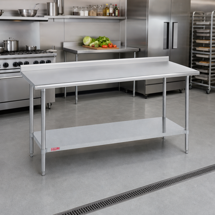 Product image #2 for Duke 72" x 36" 16-Gauge 400 Series Stainless Steel Work Table with 1-1/8" Straight Riser and Galvanized Undershelf