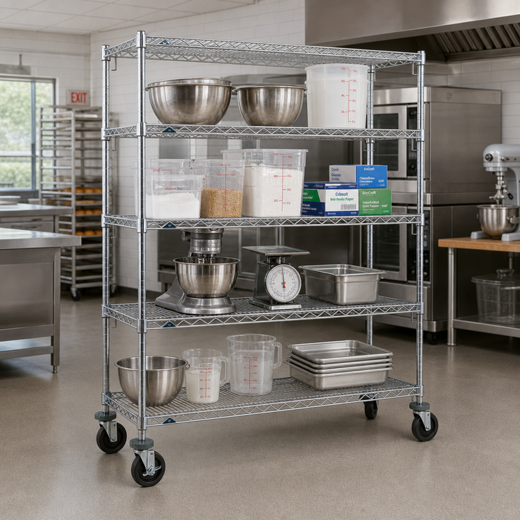 Product image #2 for Metro Super Erecta Super Adjustable Wire Stem Caster Cart, 60 x 18 x 69 in., 4 Shelves, Chrome, 900 lb. Capacity